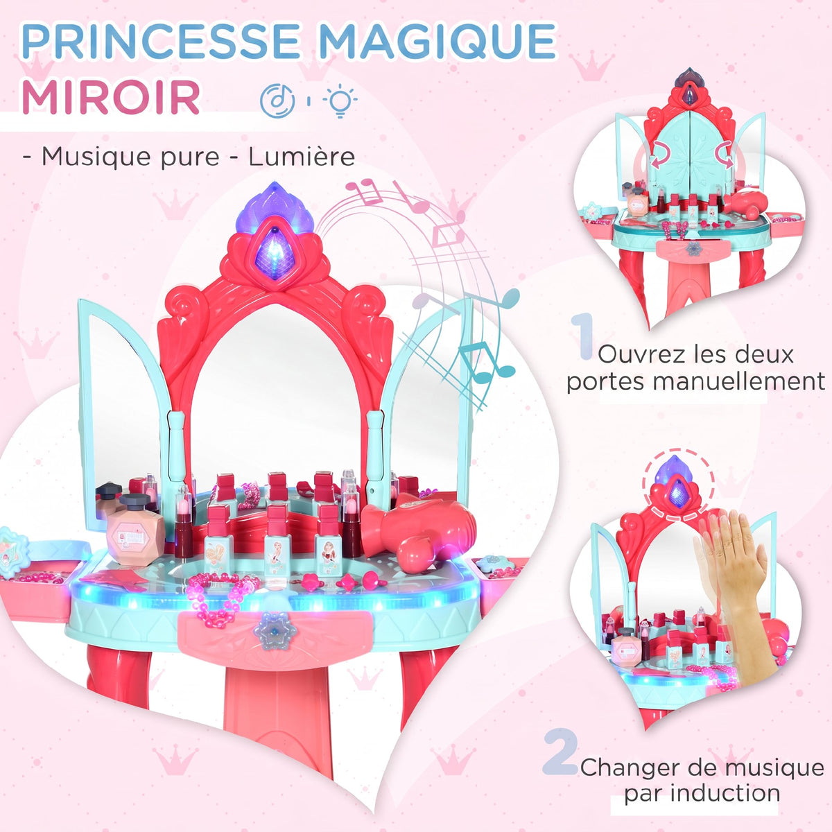 Coiffeuse Enfant Fille avec Tabouret, Miroir, Lumière, Musique, Accessoires, 3-6 Ans, 57x34x76cm, Multicolore