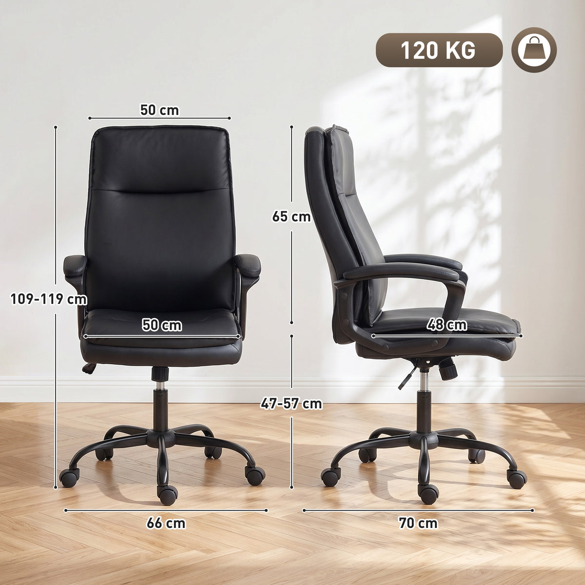 Chaise bureau ergonomique, fauteuil de bureau en PU, hauteur réglable, fonction bascule, pivotante 360°, noir