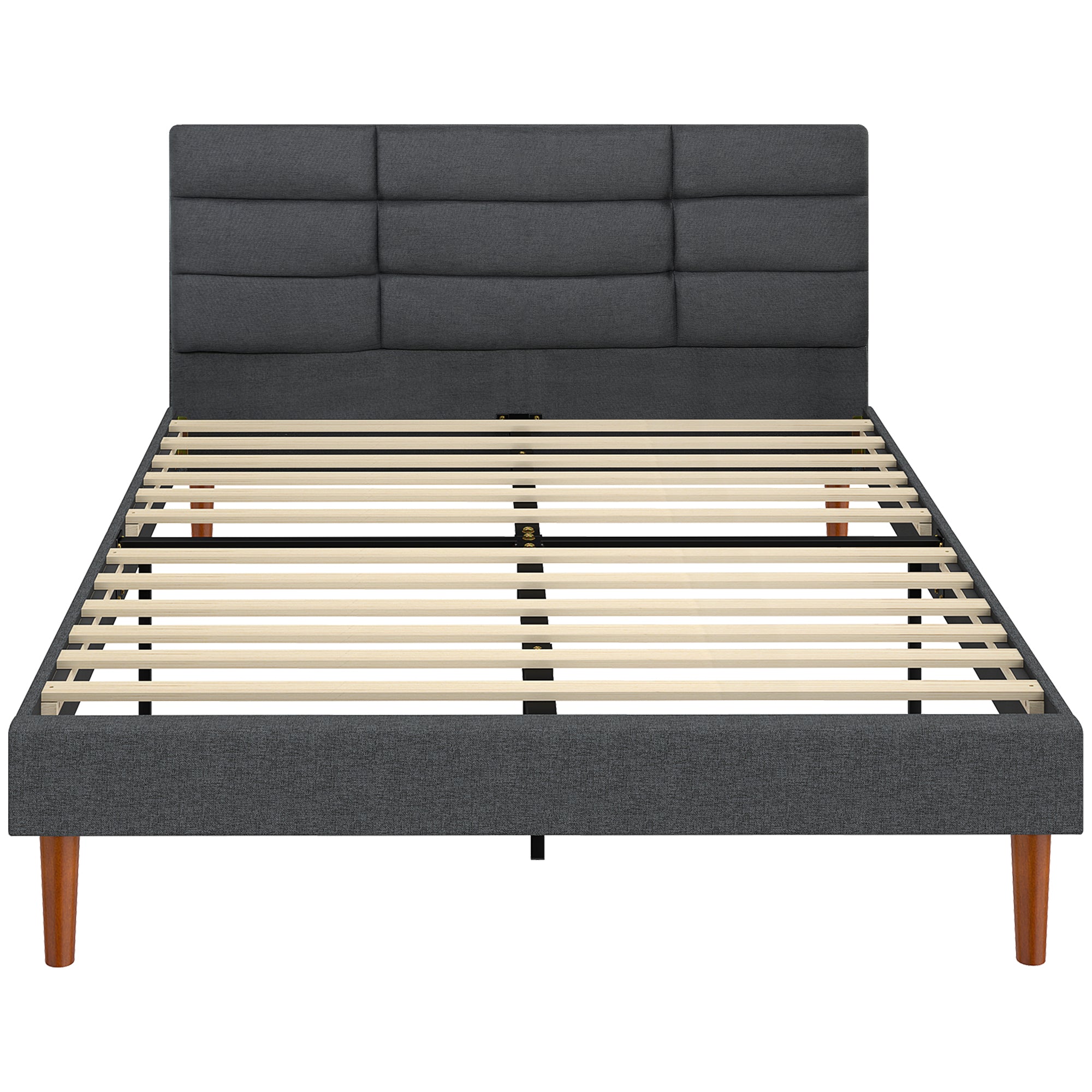 Bettrahmen 140 x 200 cm mit Holzlattenrost, gepolstertes Doppelbett in Leinenoptik, Stauraum darunter, geräuschlos, Grau