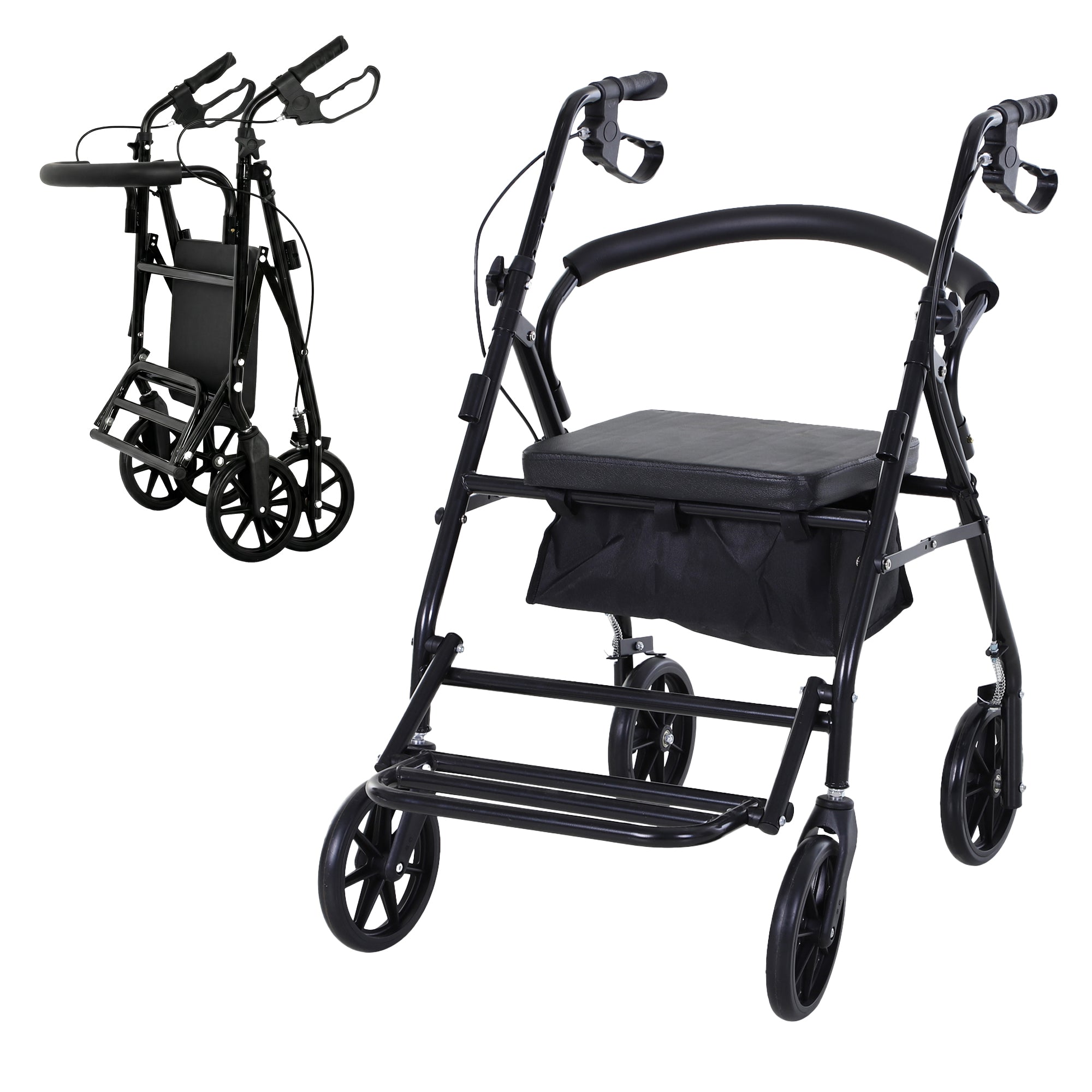 Déambulateur 4 roues - déambulateur pliable léger - assise + dossier rembourré - poignées ergonomiques, freins à main - panier rangement - cale-pied - métal noir