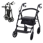 Déambulateur 4 roues - déambulateur pliable léger - assise + dossier rembourré - poignées ergonomiques, freins à main - panier rangement - cale-pied - métal noir