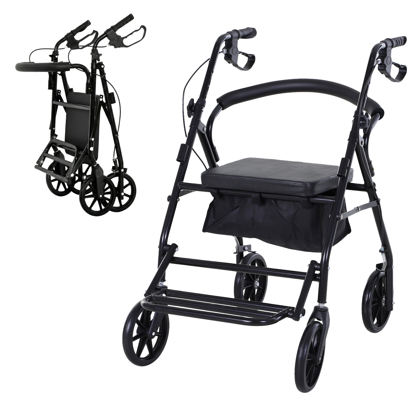 Déambulateur 4 roues - déambulateur pliable léger - assise + dossier rembourré - poignées ergonomiques, freins à main - panier rangement - cale-pied - métal noir