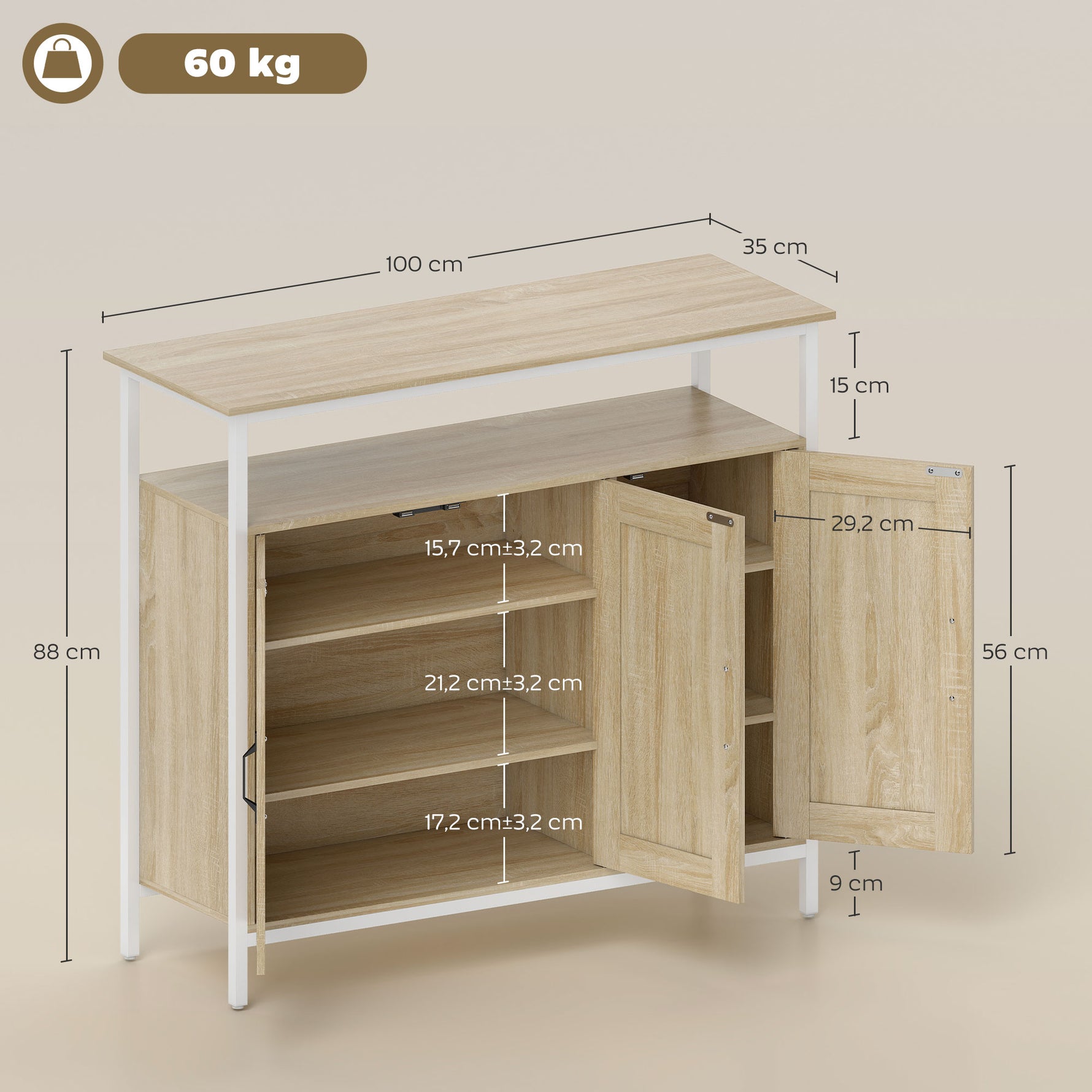 Buffet, meuble de rangement avec 3 portes, compartiment ouvert et 4 étagères réglables, 100 x 35 x 88 cm, bois naturel