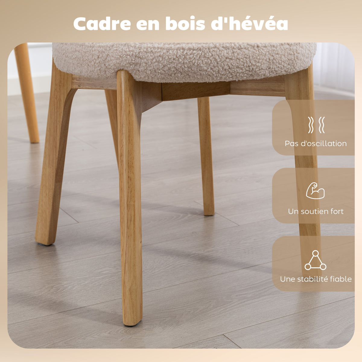 Lot de 2 chaises de salle à manger, chaises de cuisine rembourrées, pieds en bois d'hévéa, 46,5 x 52 x 80 cm, crème
