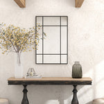 Miroir mural verrière rectangulaire style fenêtre, horizontal ou vertical avec 4 crochets, en métal noir - 90x60 cm