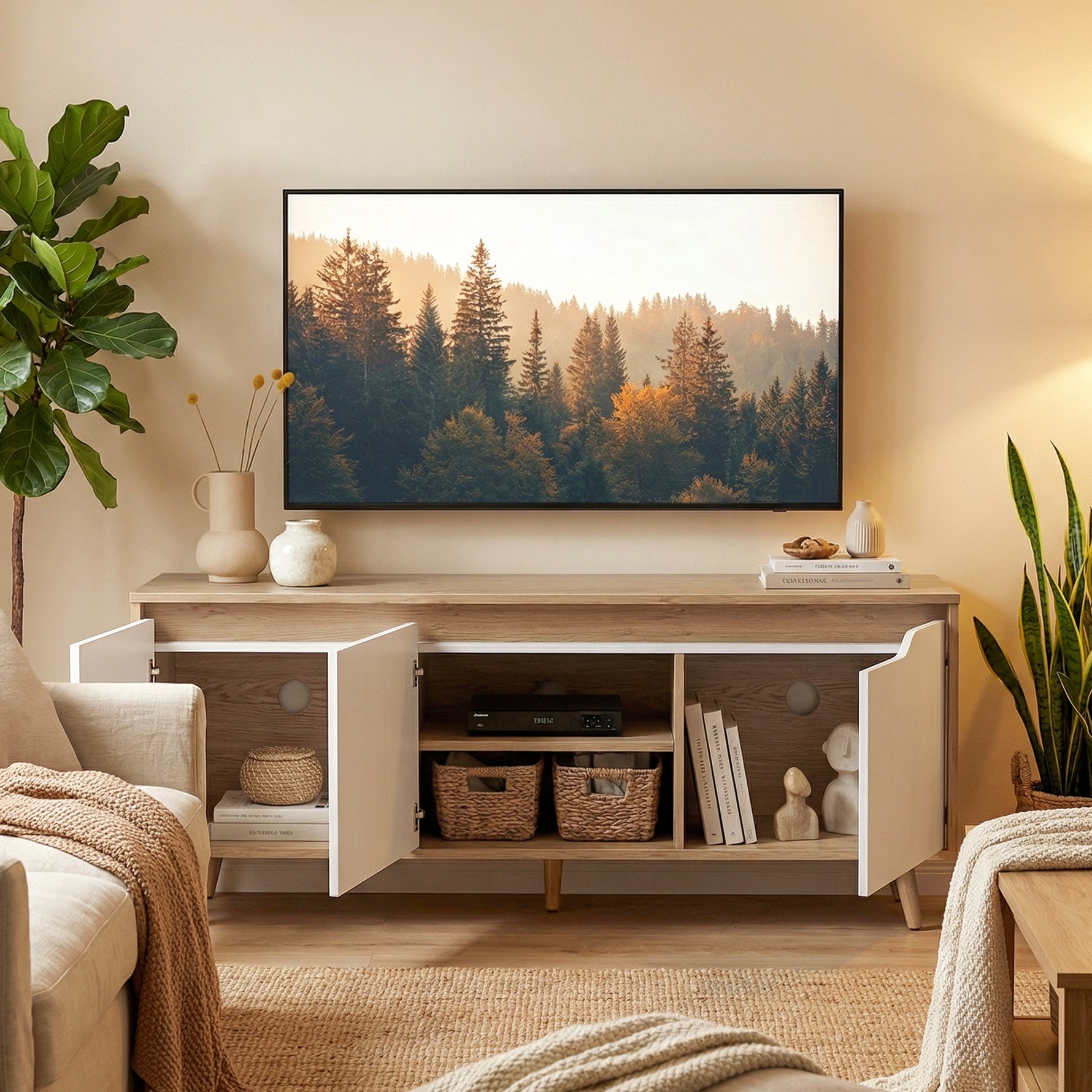Meuble TV 120 cm, meuble télé pour téléviseur jusqu'à 55 pouces avec 3 portes, étagère réglable, chêne et blanc