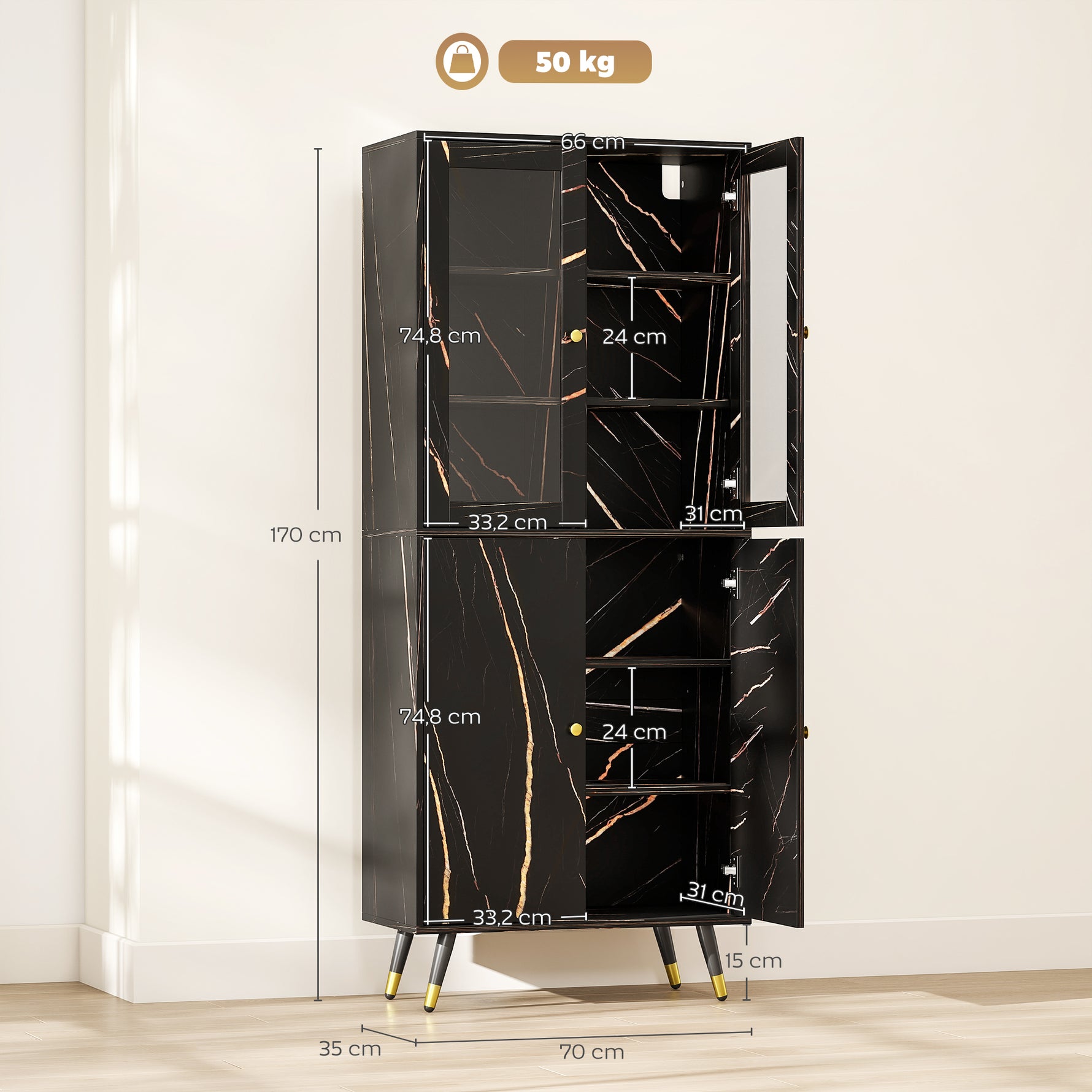 Bibliothèque, étagère à 6 niveaux, meuble de rangement 6 étagères ouvertes porte vitrée et placard 70 x 35 x 170 cm noir-2