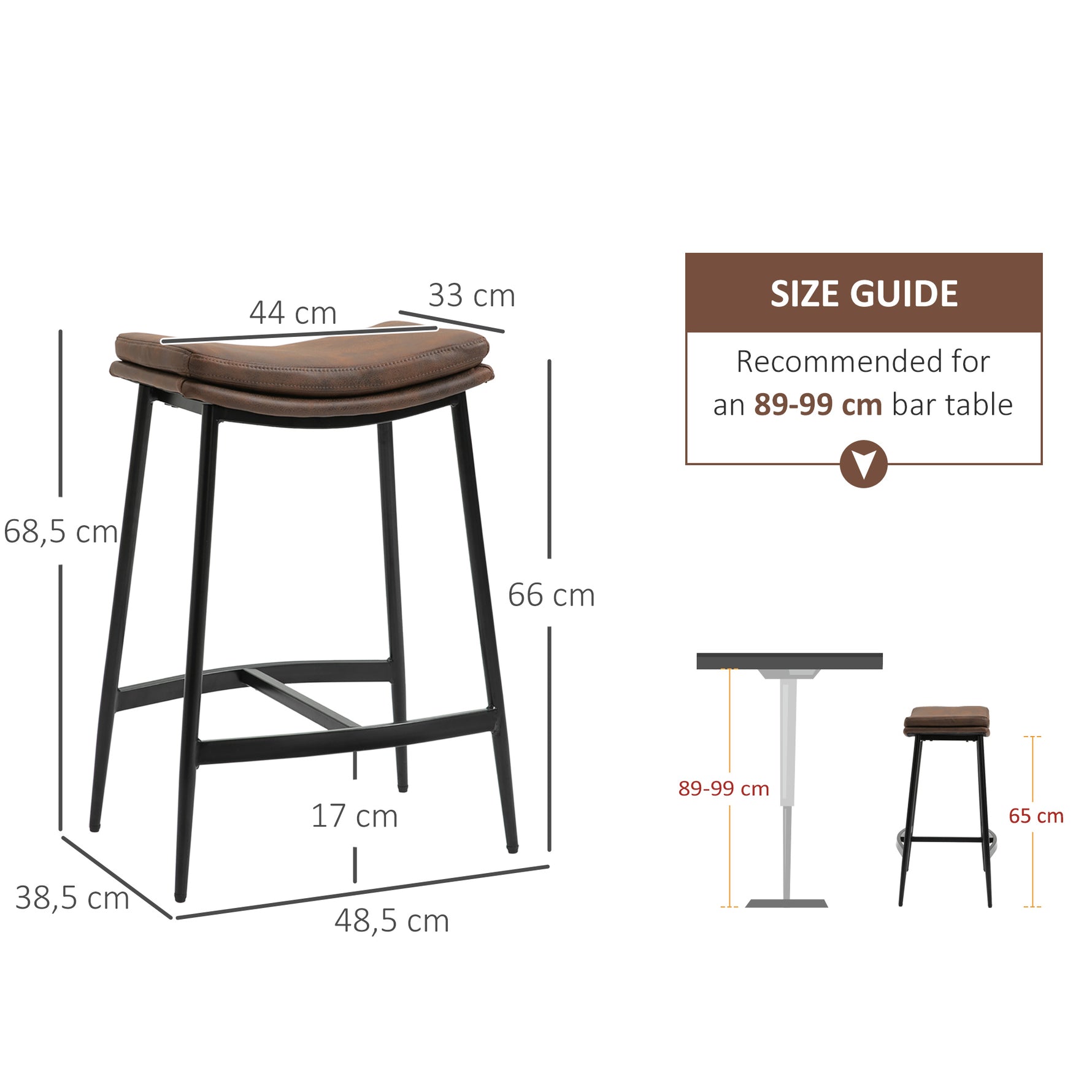 Lot de 2 tabourets de bar avec repose-pieds acier style industriel assise incurvée 48,5 x 38,5 x 68,5 cm marron noir