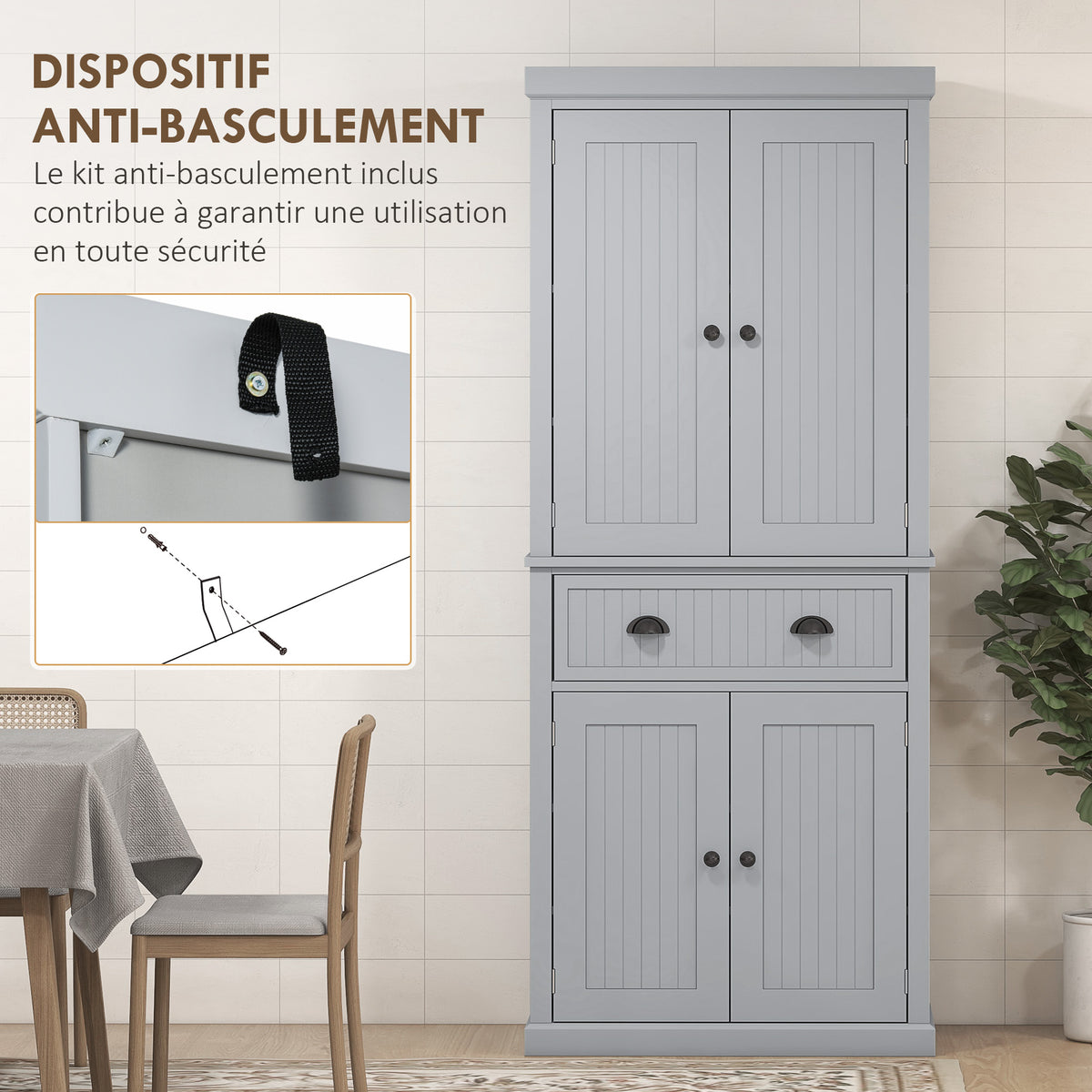 Armoire de cuisine buffet cuisine multi-rangements étagères réglables 4 portes grand tiroir 76,2 x 40,2 x 183 cm gris