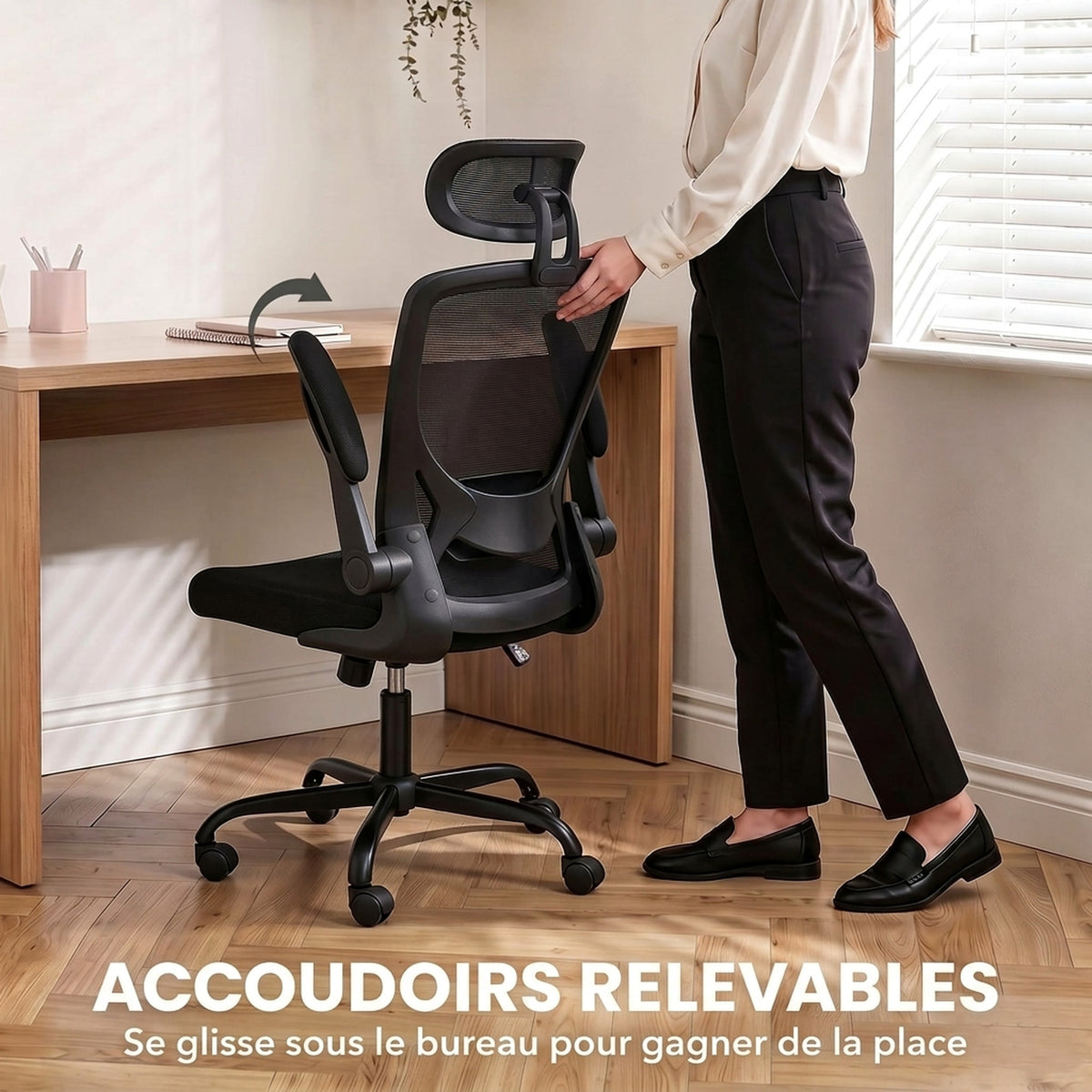 Sedia da ufficio ergonomica, poltrona da ufficio in rete con supporto lombare e poggiatesta regolabili, 64x65x129cm, nero