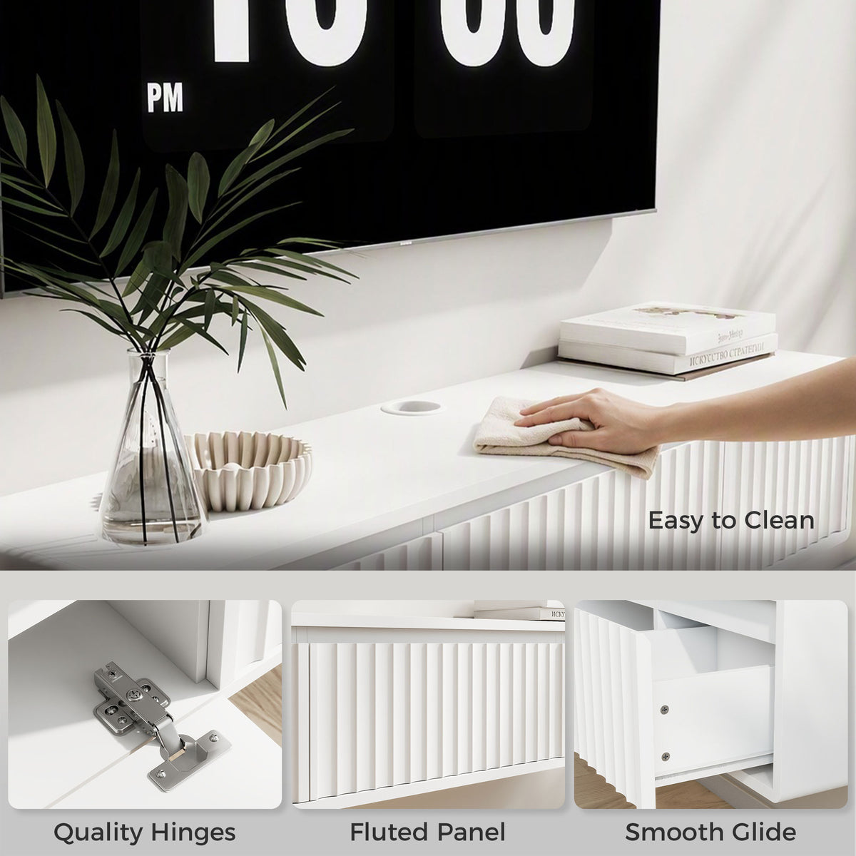 Meuble TV Suspendu Flottant 120 cm avec Éclairage LED et Prises, Meuble Télé pour Téléviseur 65 Pouces, Blanc