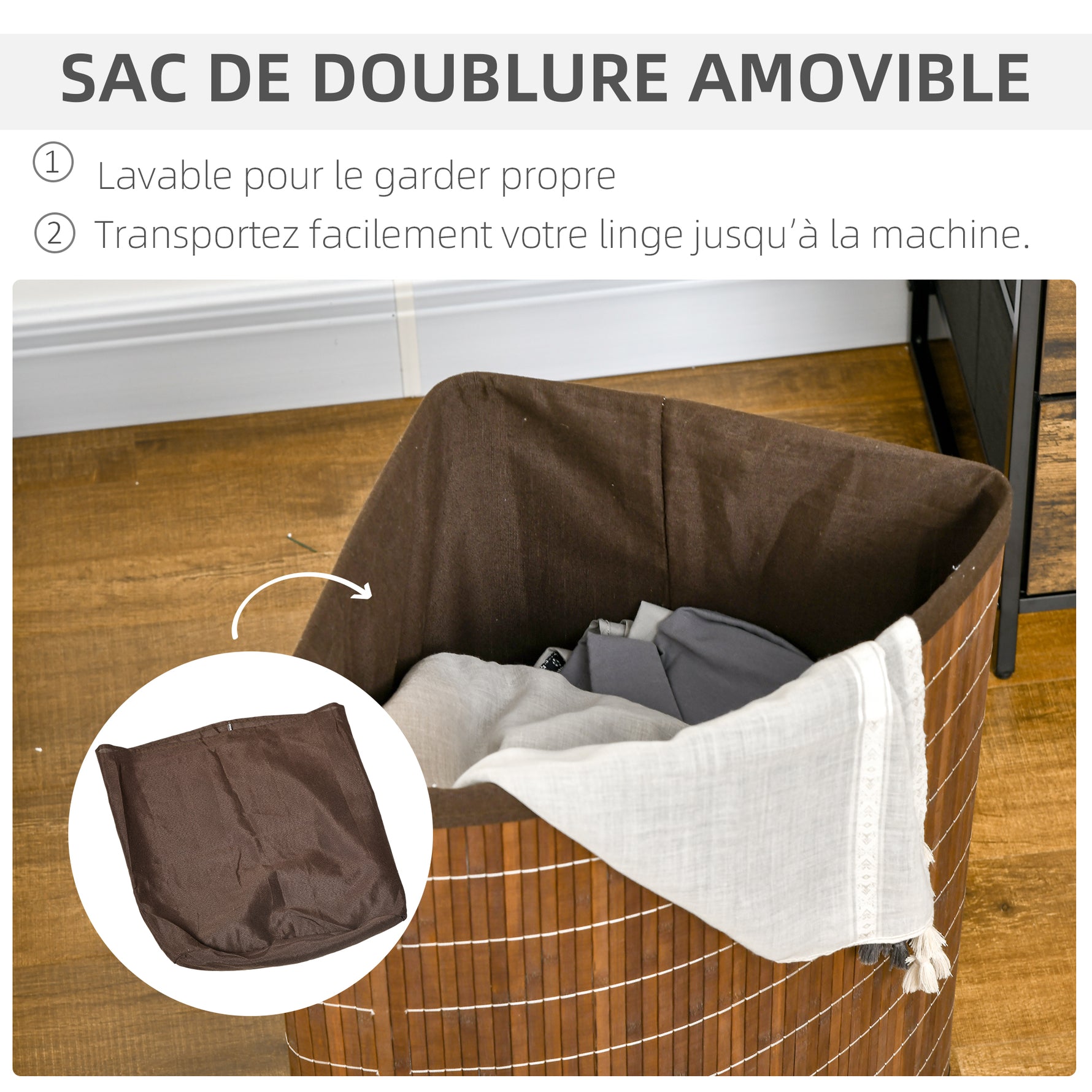 Panier à linge en bambou d'angle 55L avec couvercle et sac amovible 38 x 38 x 57 cm marron