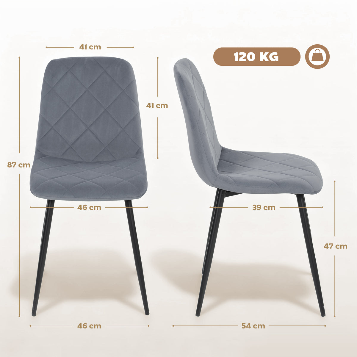 Lot de 4 chaises de salle à manger rembourrées avec dossier haut, pieds en acier et tissu effet velours, gris