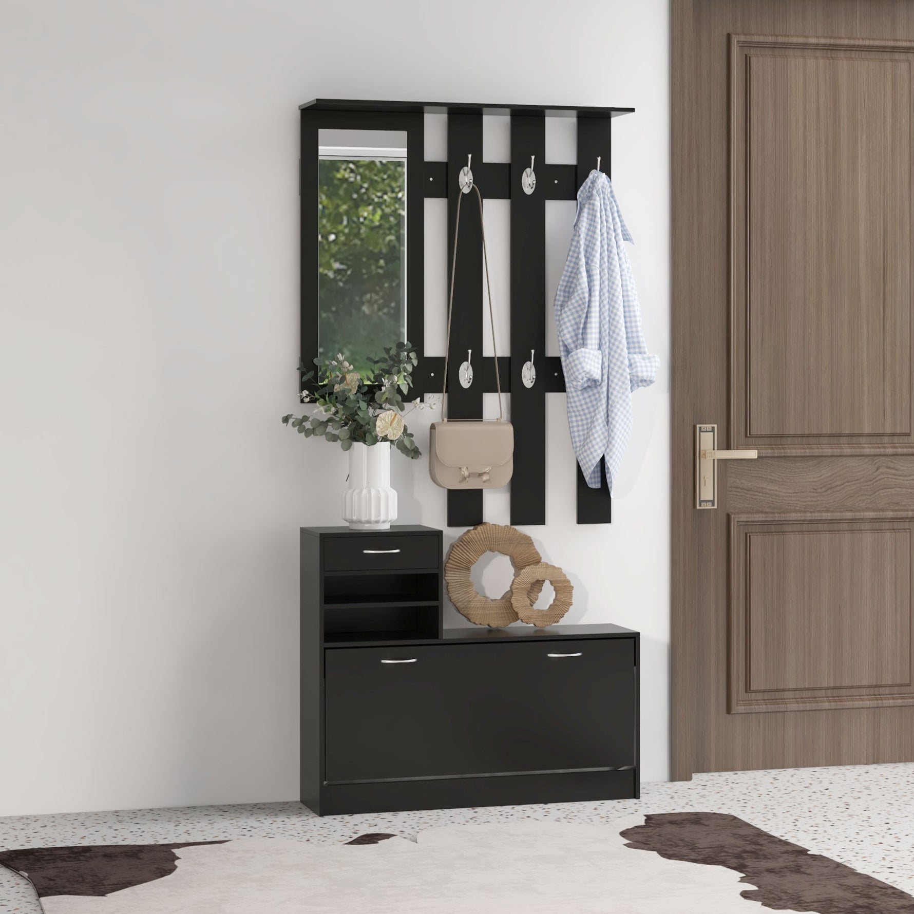 Ensembles 3 en 1 de meuble d'entrée vestiaire avec panneau porte-manteau, miroir et banc à chaussures noir