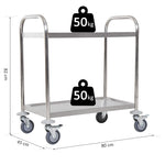 Chariot de service desserte de cuisine à roulettes 2 étagères 80L x 45l x 82H cm acier inox. chromé