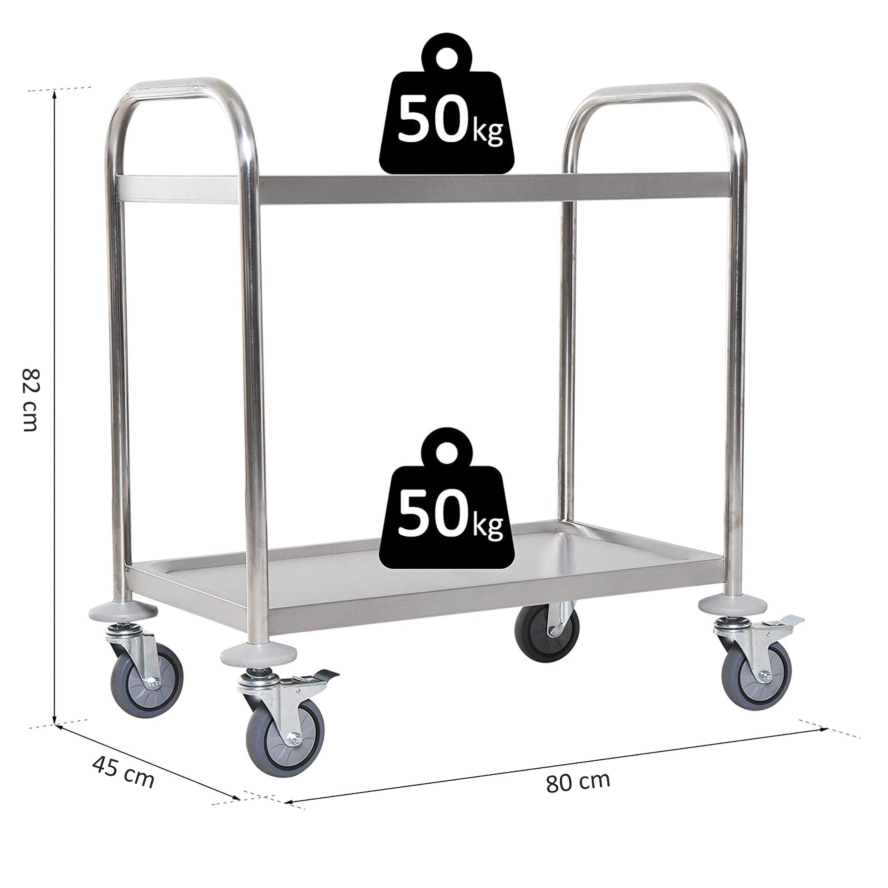 Chariot de service desserte de cuisine à roulettes 2 étagères 80L x 45l x 82H cm acier inox. chromé