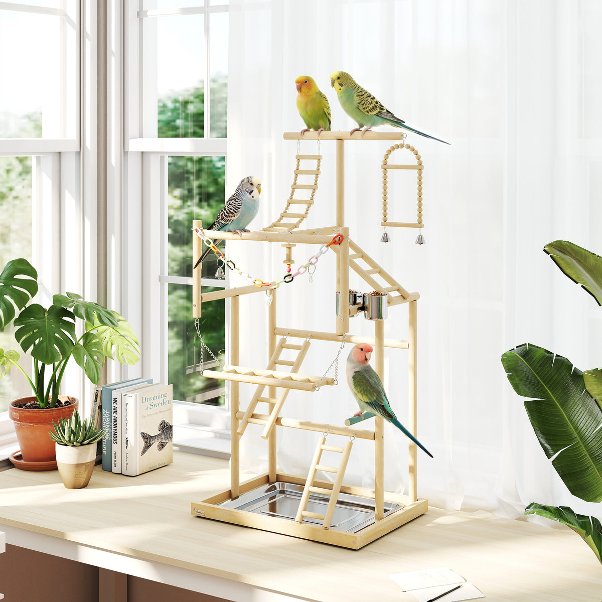 Aire de jeux pour oiseaux, terrain de jeu pour perroquet, échelles, jouet à chaîne, plateau, 48x38x95cm, bois naturel