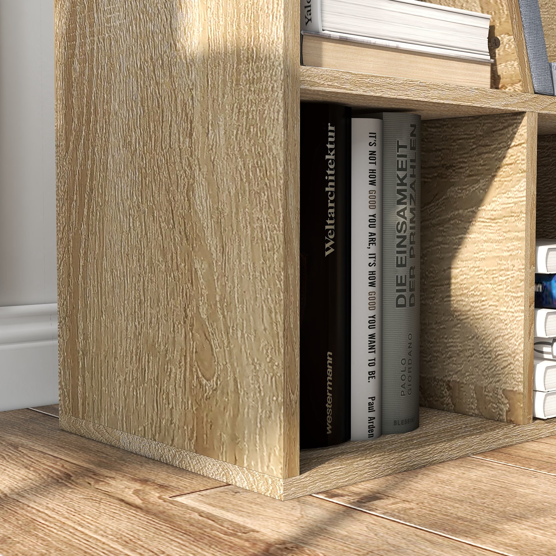 Bibliothèque Banc 2 en 1 Design Contemporain 6 casiers 3 Coussins fournis 102L x 30l x 61H cm Chêne Gris