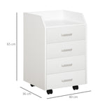 Caisson de bureau rangement sur roulettes 4 tiroirs coulissants MDF et panneaux de particules dim. 40L x 36l x 65H cm blanc
