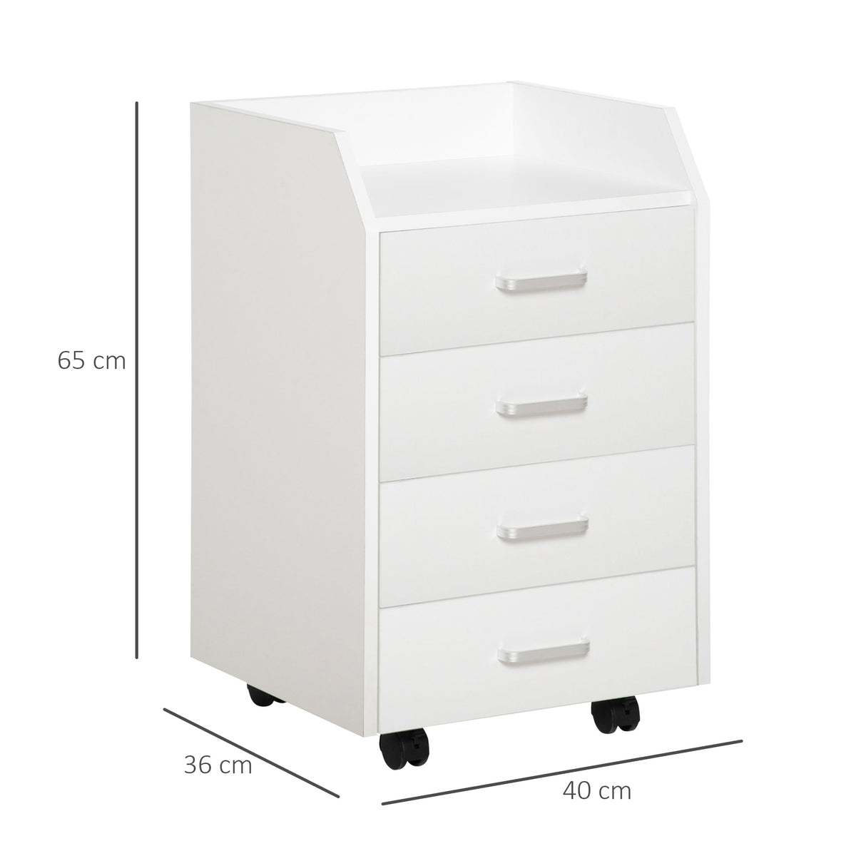 Caisson de bureau rangement sur roulettes 4 tiroirs coulissants MDF et panneaux de particules dim. 40L x 36l x 65H cm blanc