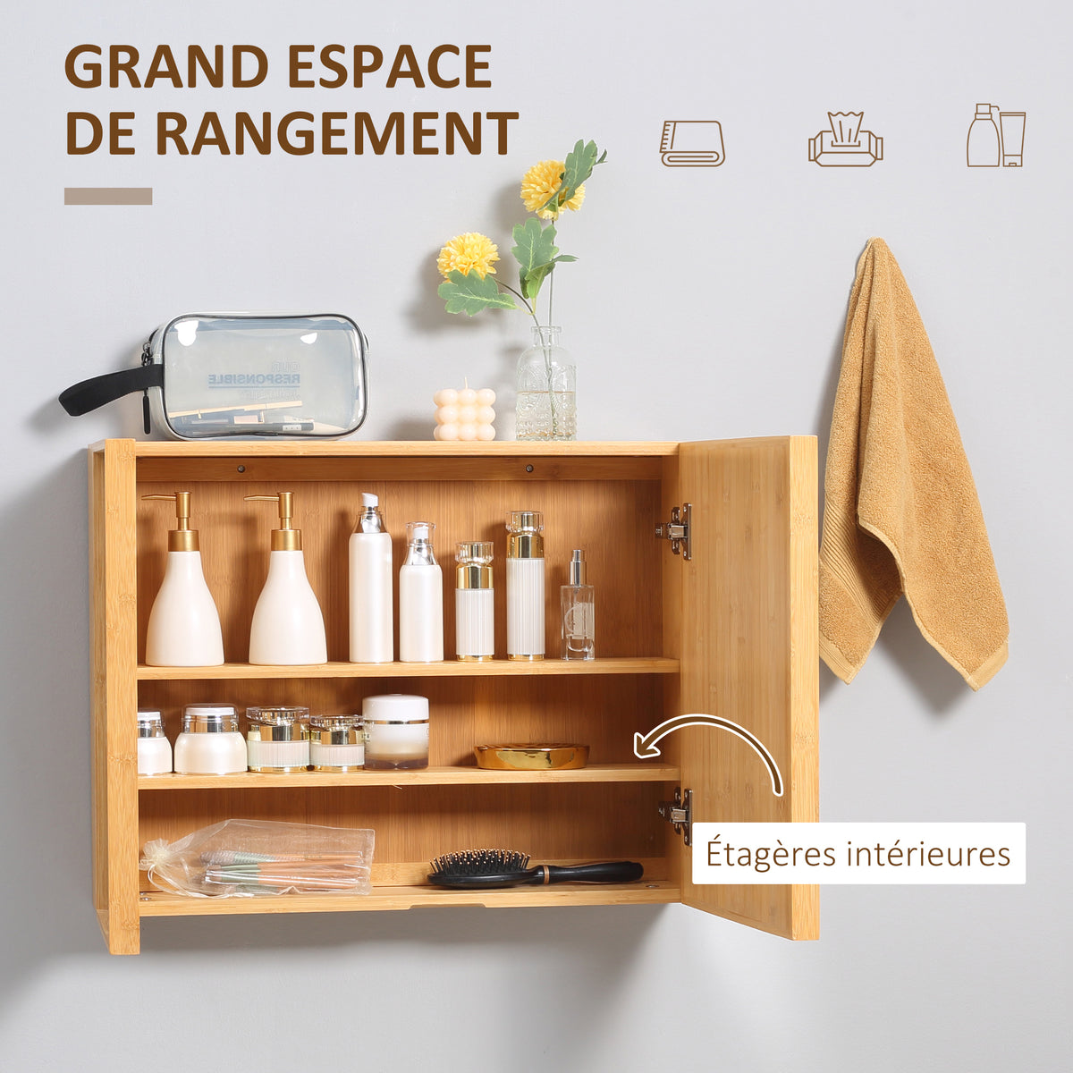 Armoire murale de salle de bain avec miroirs et 2 portes en bambou 65,2 x 14 x 50 cm
