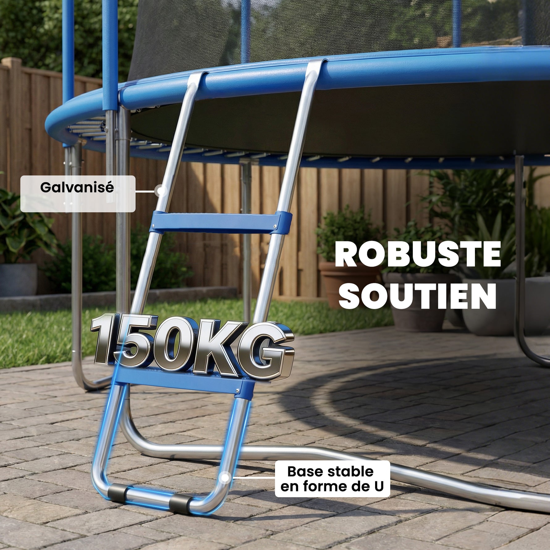 Échelle de Trampoline 2 Marches Larges avec Crochet Universel, Cadre en Acier Galvanisé, Charge 150 kg, 97x32x7 cm, Bleu