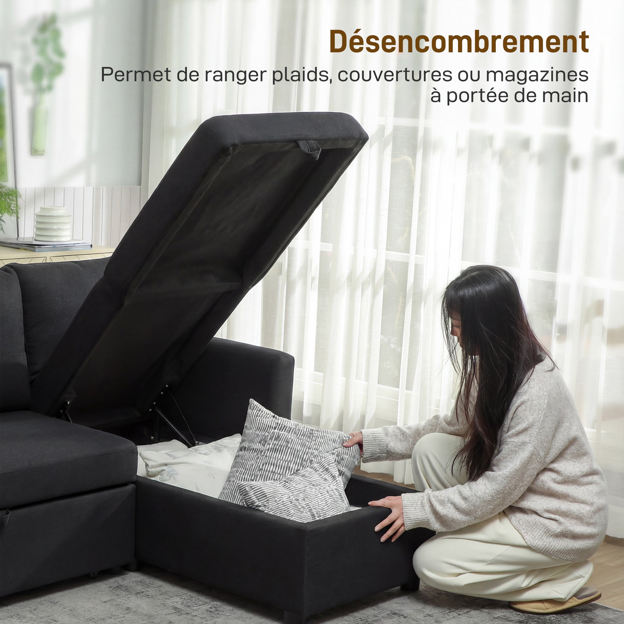 Divano angolare trasformabile, divano letto 3 posti 192 cm con penisola reversibile, contenitore nascosto, grigio antracite