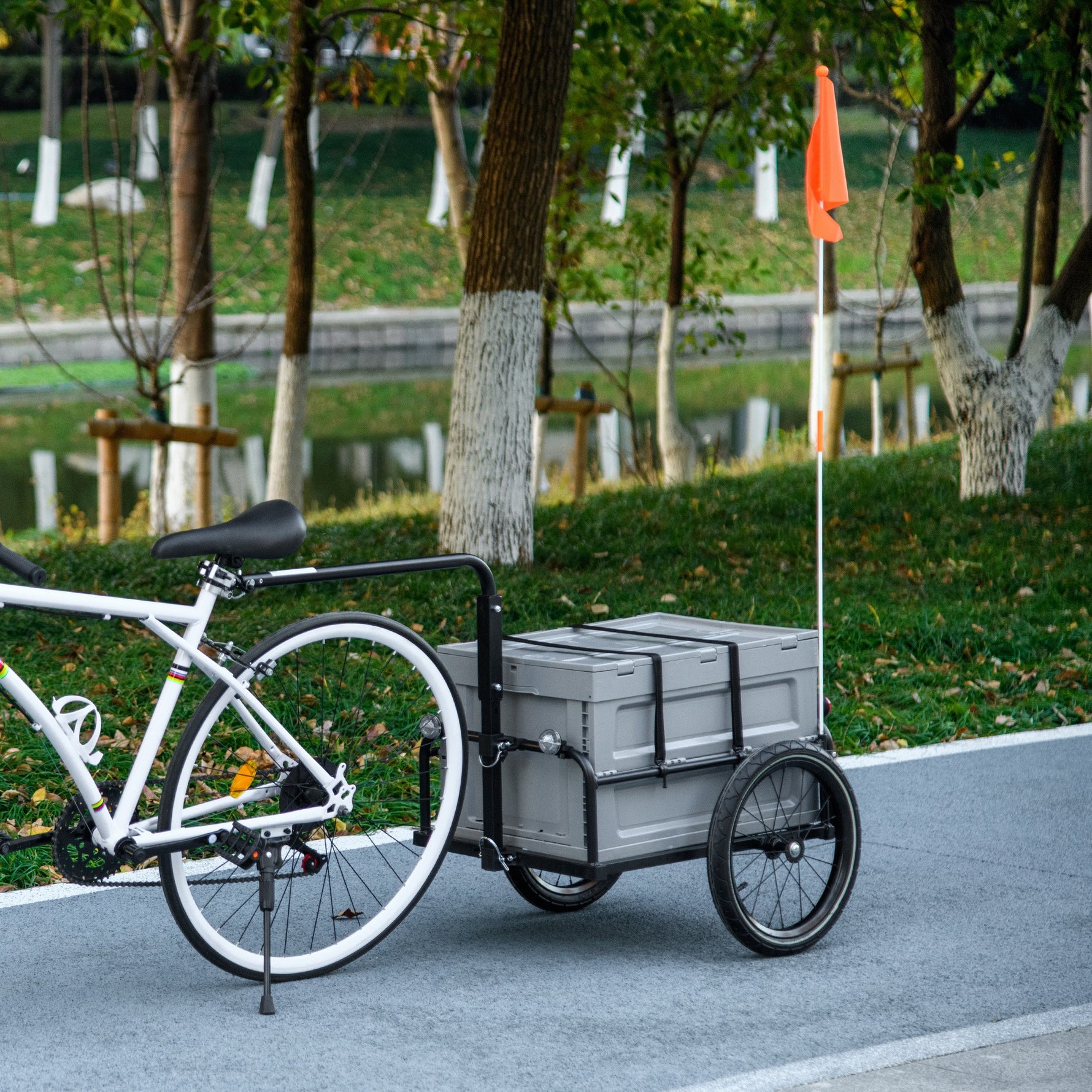 Remorque à vélo avec coffre de rangement amovible et pliable de 65L, réflecteurs de sécurité, charge max. 40KG, gris