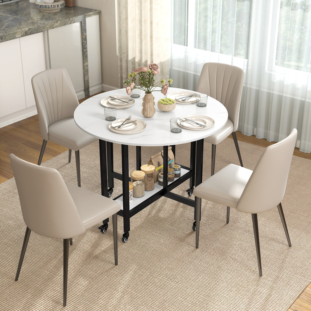Table à Manger Pliante sur Roulettes, Table de Cuisine pour 4 Personnes avec Étagère Intégrée, 100 x 100 x 75 cm, Blanc