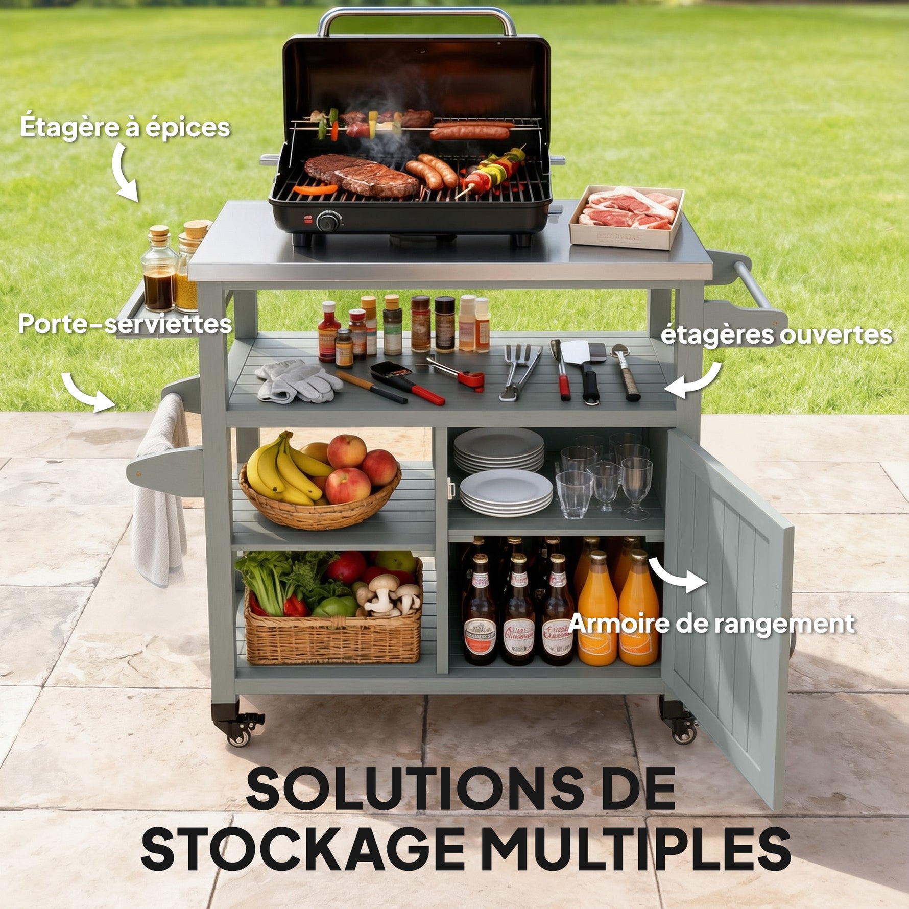 Desserte jardin chariot de barbecue sur roulettes avec plateau en acier inoxydable 107x49,5x92,5cm gris