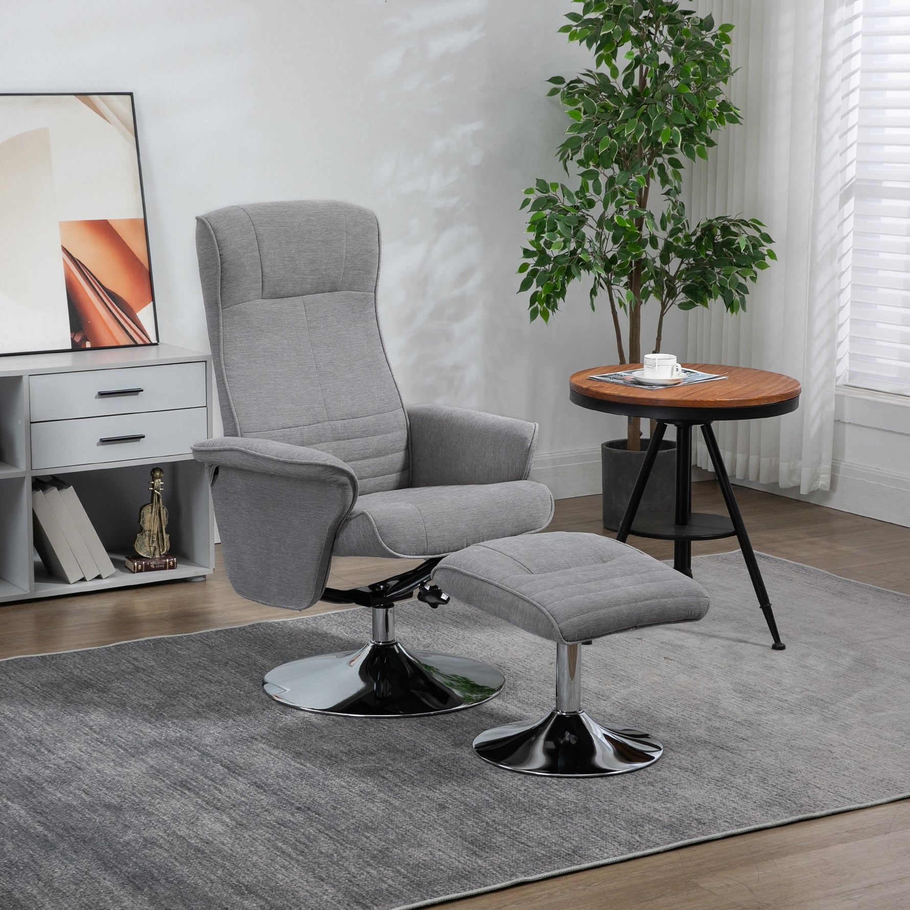 Fauteuil relax inclinable 135° pivotant 360° avec repose-pieds revêtement tissu gris