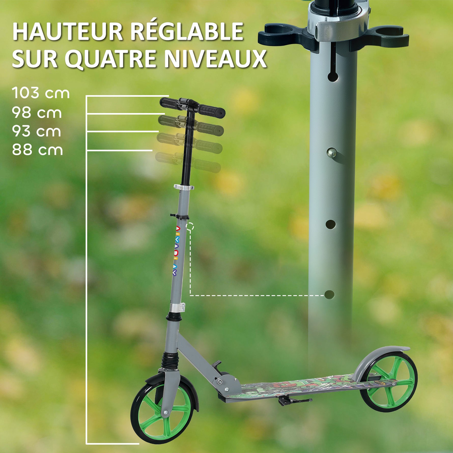 Trottinette enfants 6 à 12 ans, trottinette pliable à 2 roues, hauteur réglage, pour filles et garçons, scooter vert