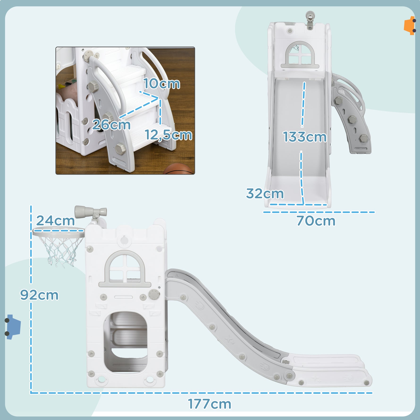 Toboggan pour enfants 5 en 1 avec panier de basket escalade télescope espace de rangement 70 x 177 x 92 cm gris