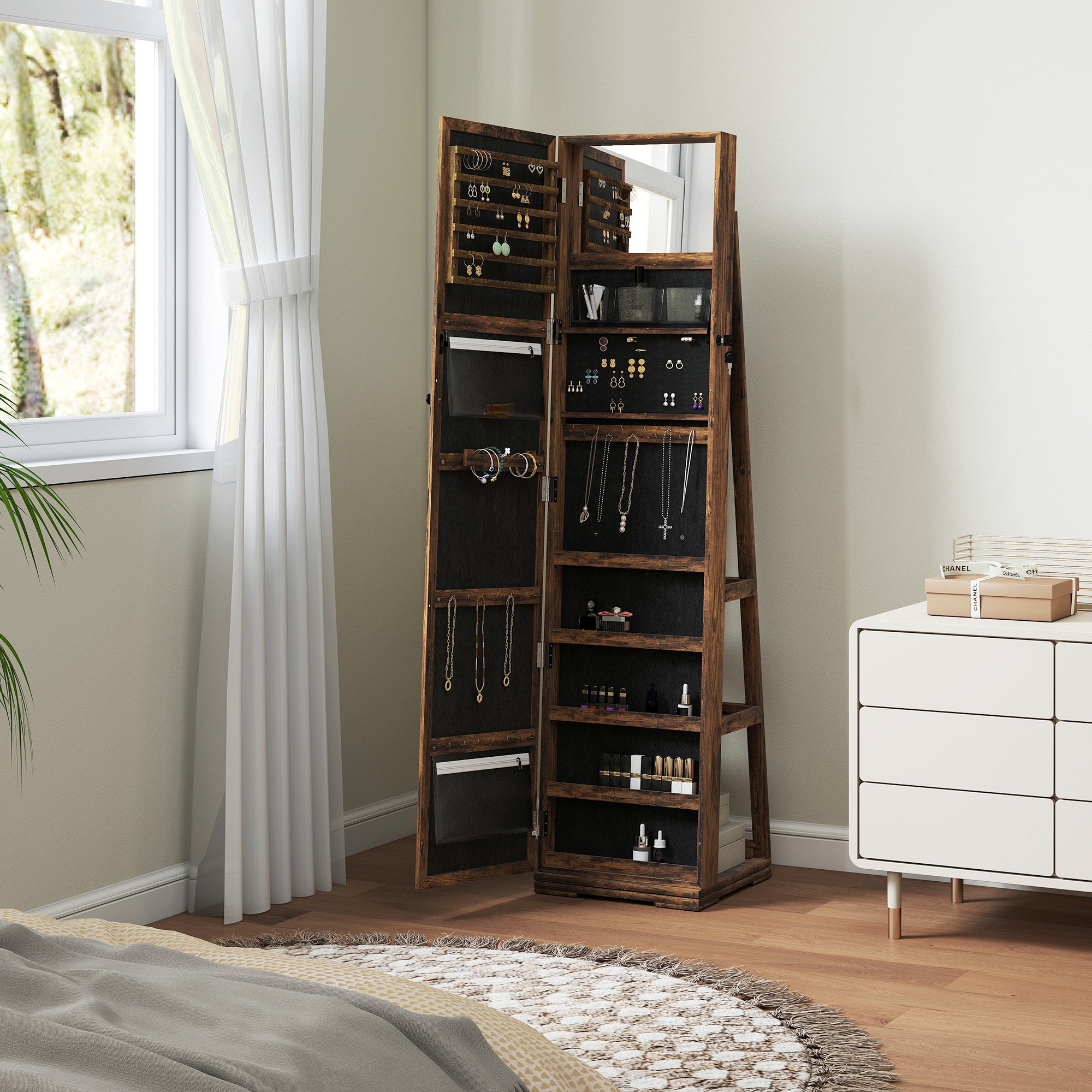 Lockable Swivel Jewelry Armoire with Mirror - Multi-Storage Jewelry Cabinet - Rustic Brown