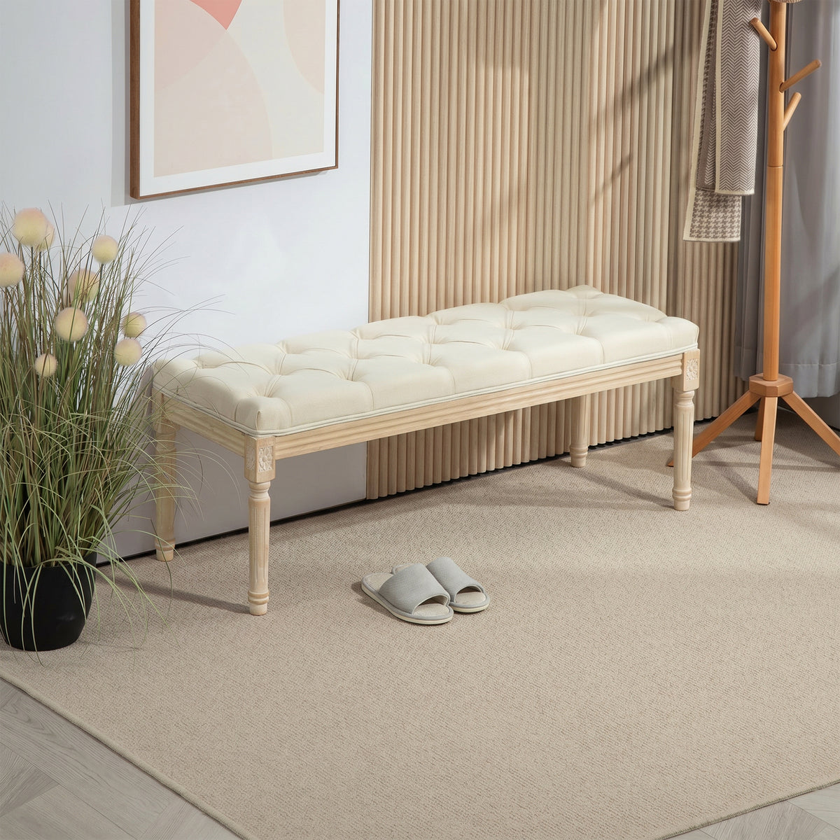 Banc Banquette classique capitonné 115cm bout de lit Rembourrée en lin - bois d'hévéa sculpté, patiné - crème