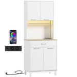 Buffet haut cuisine avec LED et station de charge, armoire de cuisine avec 4 portes, tiroir et plan de travail, blanc