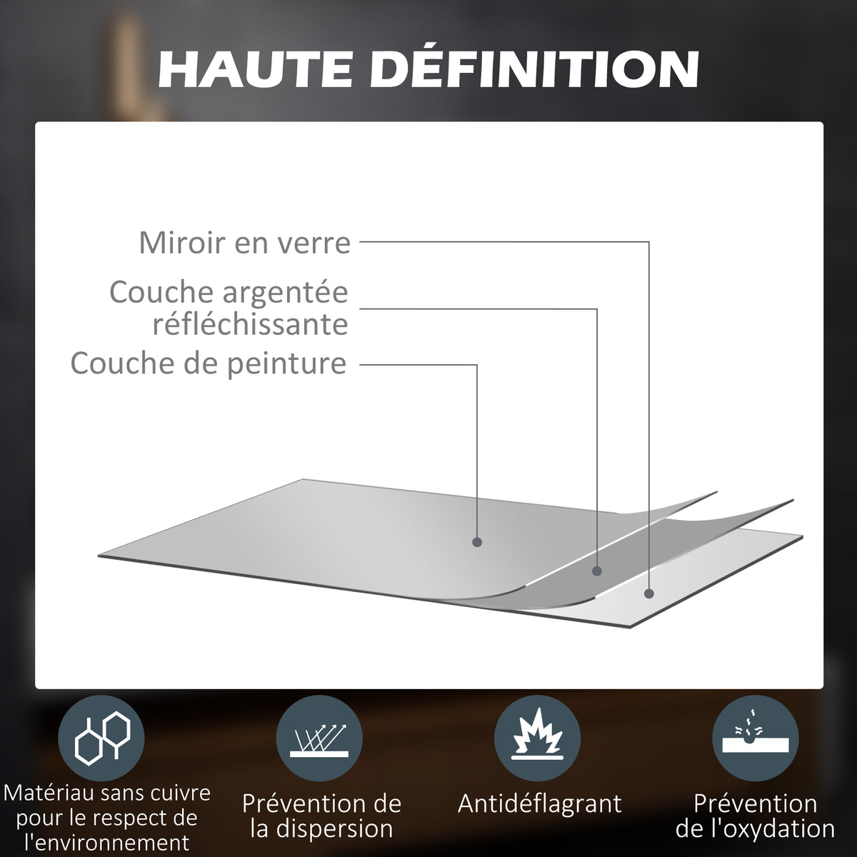 Miroir rectangulaire mural lumineux LED de salle de bain 80 x 60 cm luminosité réglable blanc transparent