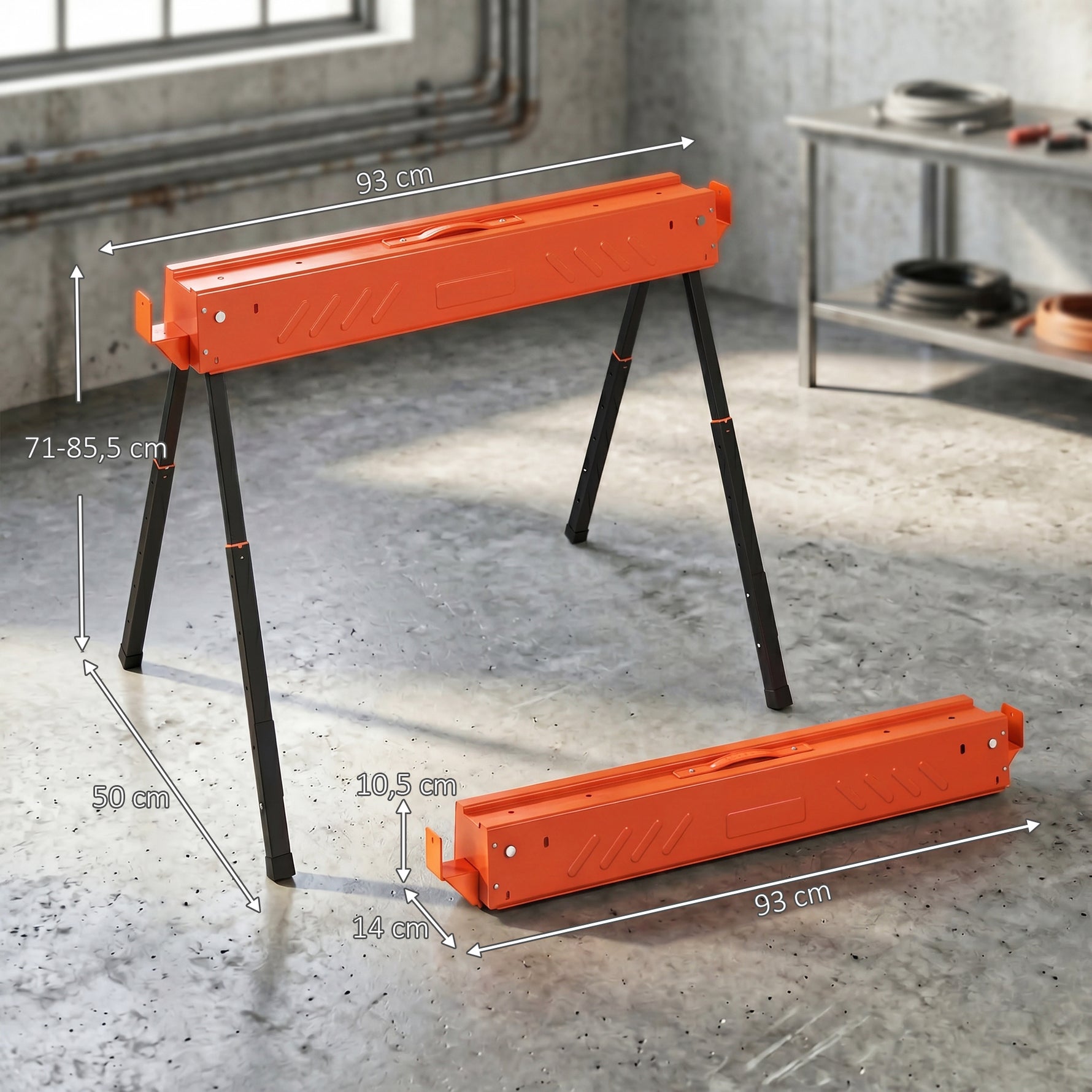 Lot de 2 Tréteaux Pliables en Métal, Charge Max. 500 kg, Tréteaux Portables, Hauteur Réglable 71-85,5cm, Orange