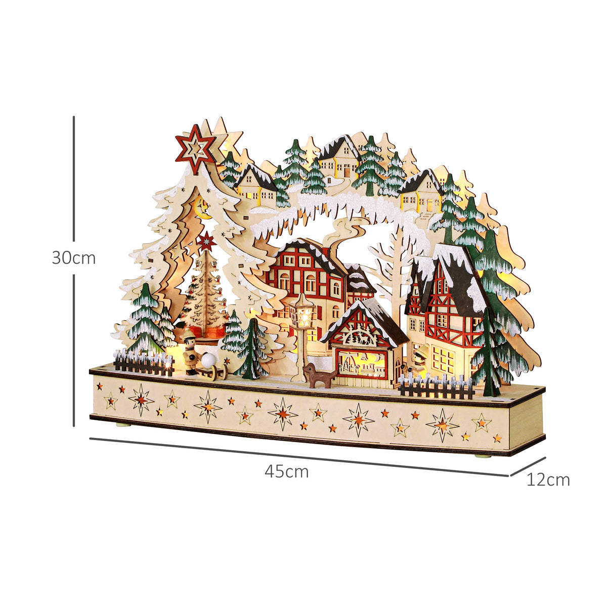 Verlicht kerstdorp, geanimeerd houten kerstdorp, met 20 LED's, besneeuwd landschap, 45L x 12B x 30H cm, naturel hout