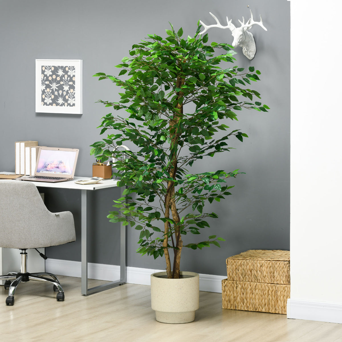Plante artificielle ficus hauteur 1,80 m tronc branches liane lichen feuilles grand réalisme pot inclus vert