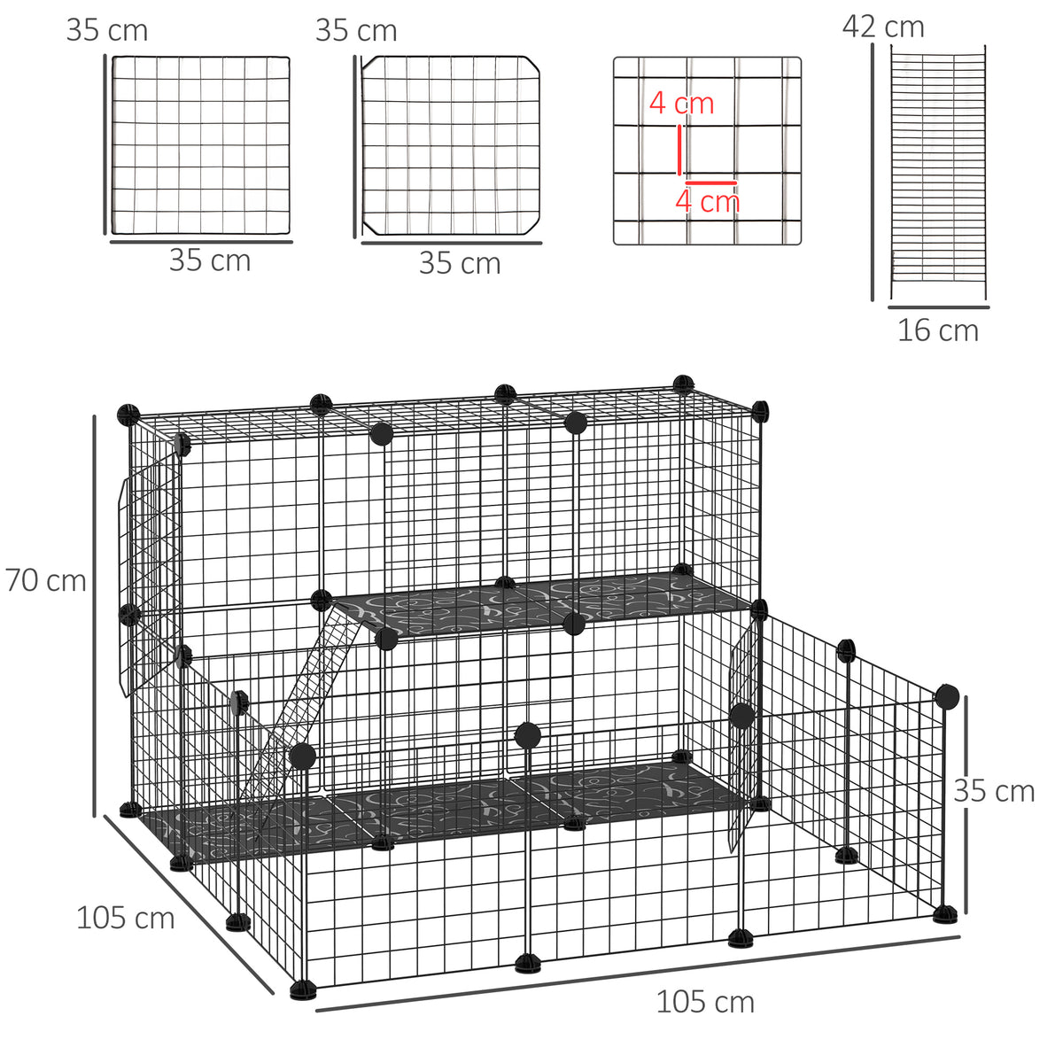 Enclos pour petits animaux parc pour chiot clôture pour animaux domestiques modulable DIY105 x 105 x 70 cm noir