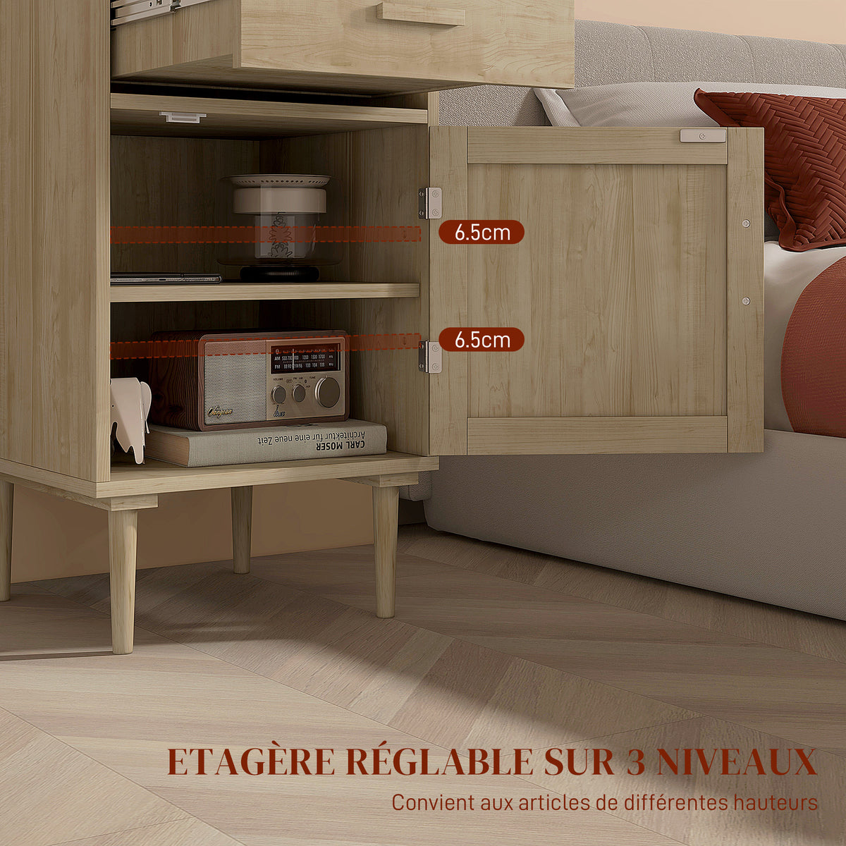 Lot de 2 tables de chevet avec placard et étagère porte rotin tissé 1 tiroir design bohème - 40 x 40 x 68,5 cm naturel
