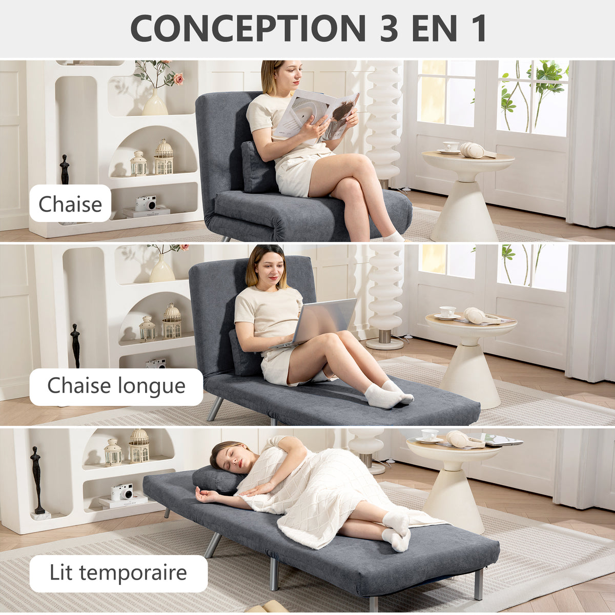 Poltrona letto singola, poltrona convertibile 3 in 1 con schienale regolabile, cuscino, seduta ampia, grigio scuro