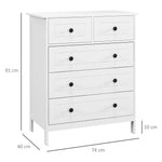 Commode meuble de rangement 5 tiroirs pour chambre, bureau, entrée, blanc et poignée métal noir