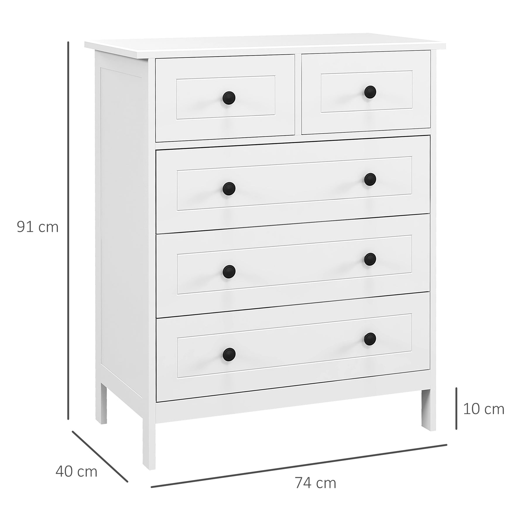 Commode meuble de rangement 5 tiroirs pour chambre, bureau, entrée, blanc et poignée métal noir