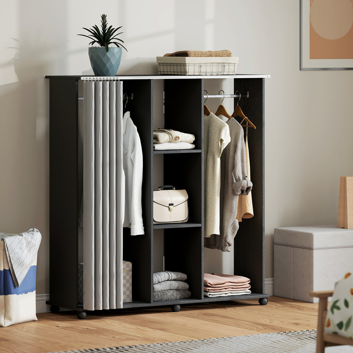 Armoire penderie Meuble de Rangement Mobile 6 roulettes 120L x 40l x 128H cm en bois Noir