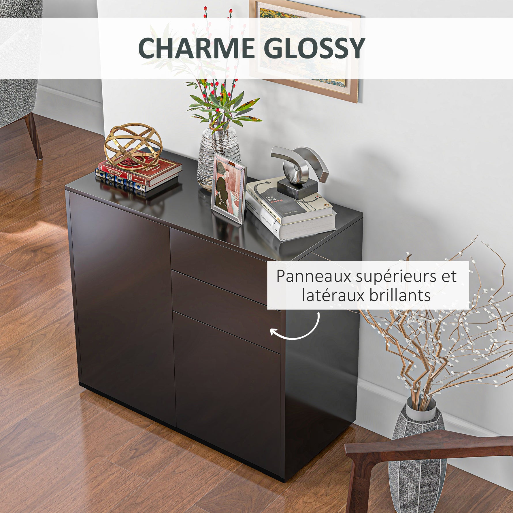 Commode Buffet Meuble de Rangement 2 tiroirs 2 Portes avec étagère 79 x 36 x 74 cm noir brillant