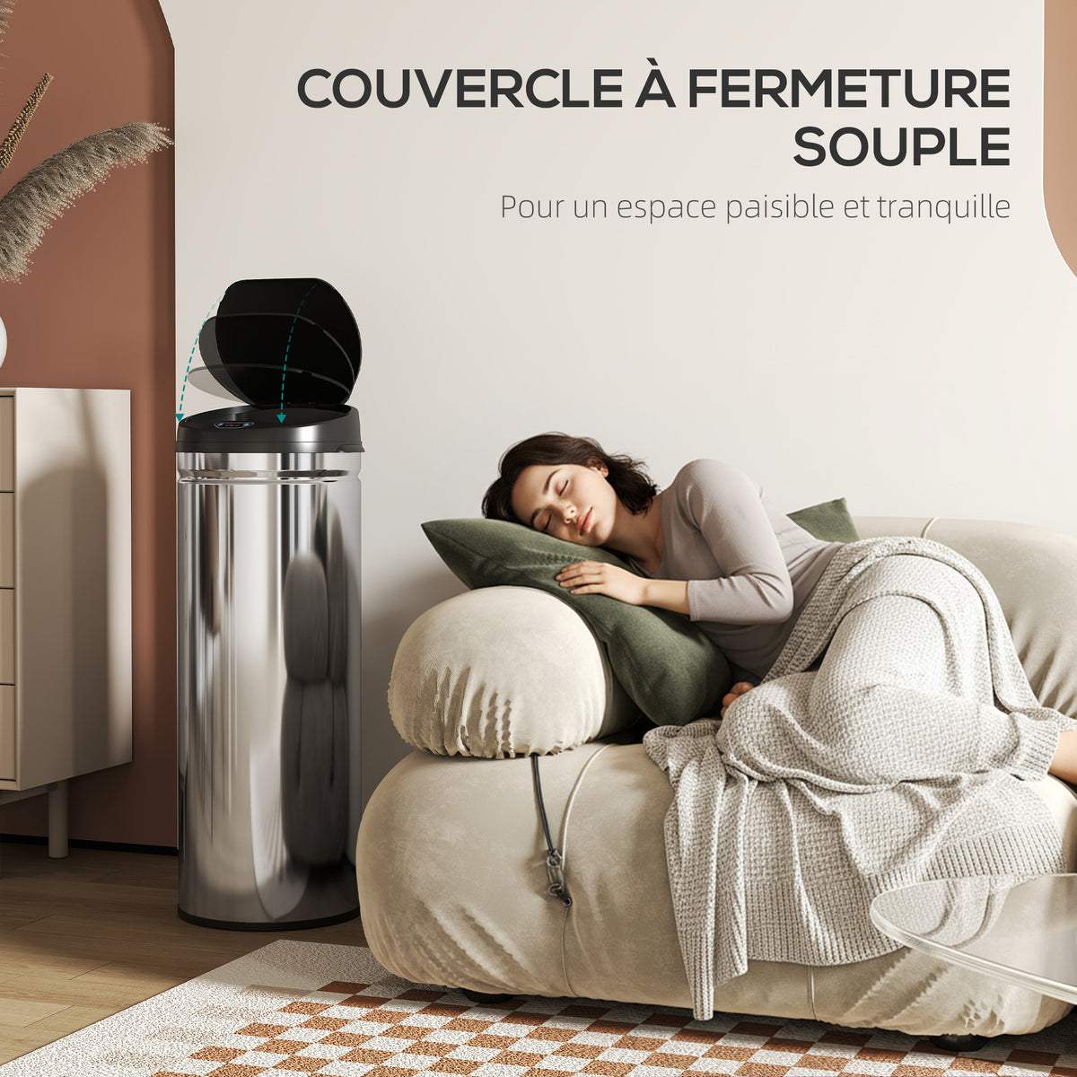Poubelle cuisine automatique 50L acier inoxydable, poubelle à couvercle à fermeture en douceur, 30,5x30,5x85cm, argent