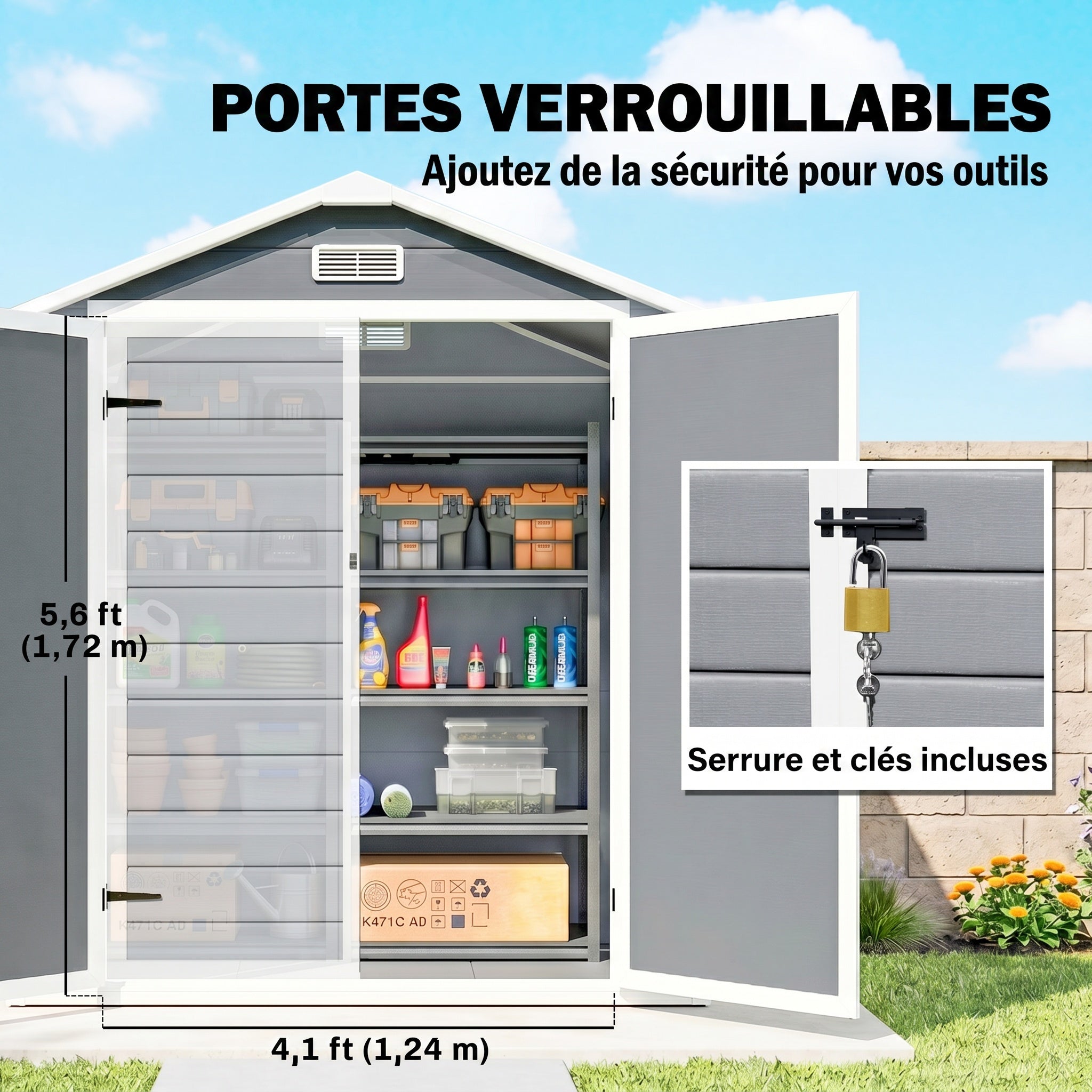 Abri de jardin cabanon en résine polypropylène 2,12 m² - 2 portes 1 fenêtre et 1 grille d'aération, toit à pignon, gris