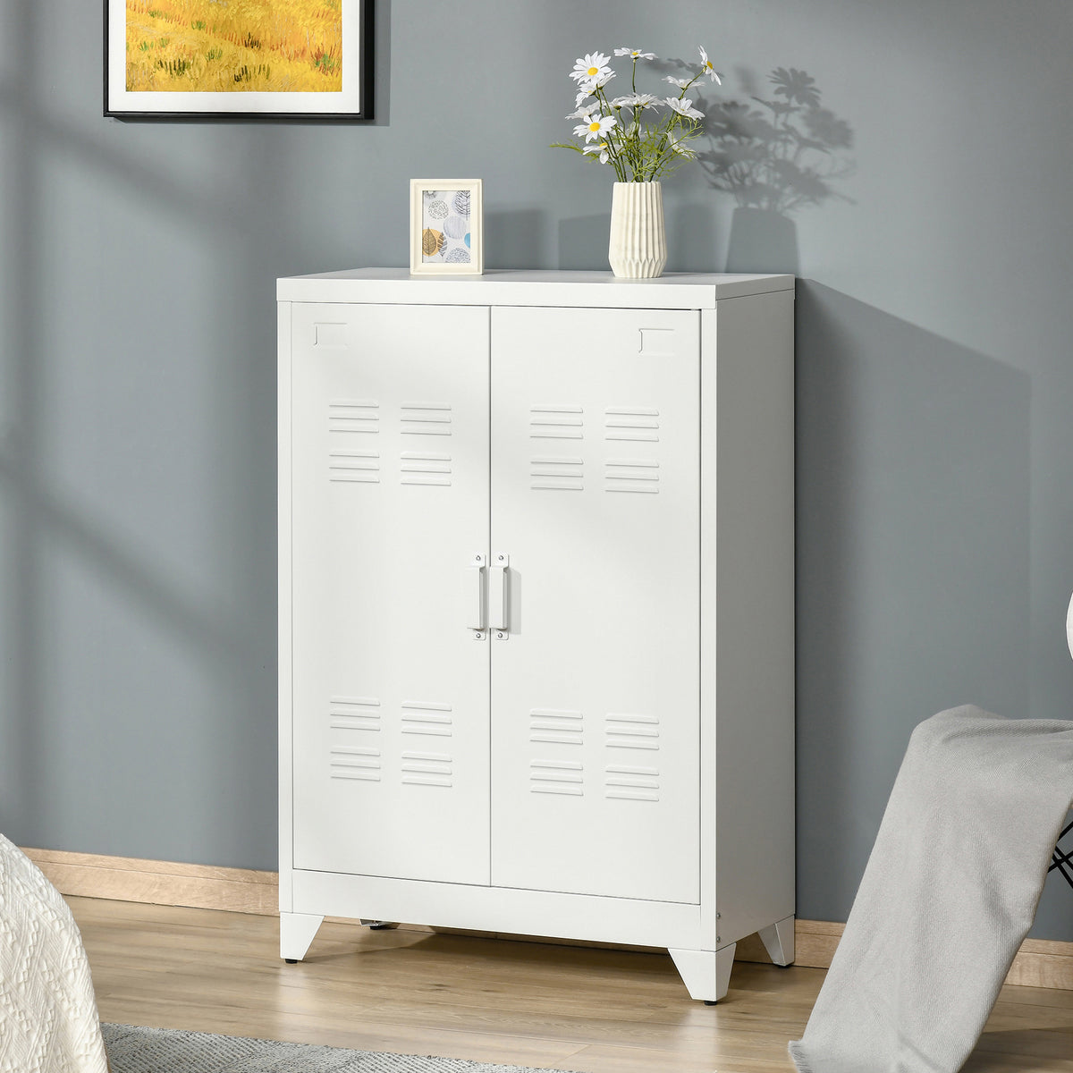Armadio da ufficio a 3 ripiani mobiletto contenitore per ufficio in metallo 2 ante ripiani regolabili 75 x 33 x 110 cm bianco